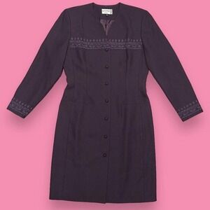 Kasper ASL Vintage 90s Button Front Purple Lined Embroidered Midi Dress Size 8